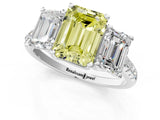 White gold Three-Stone Fancy Yellow Emerald Cut Diamond Ring with Pavé Band and Prong Setting_142