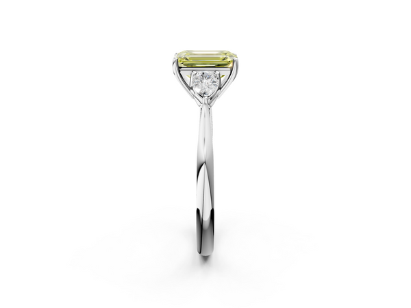 White gold Three-Stone Fancy Yellow Emerald  Cut Diamond Ring with Pear Side Stones in Four-Prong Setting