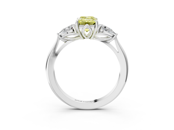 White gold Three-Stone Fancy Yellow Emerald  Cut Diamond Ring with Pear Side Stones in Four-Prong Setting