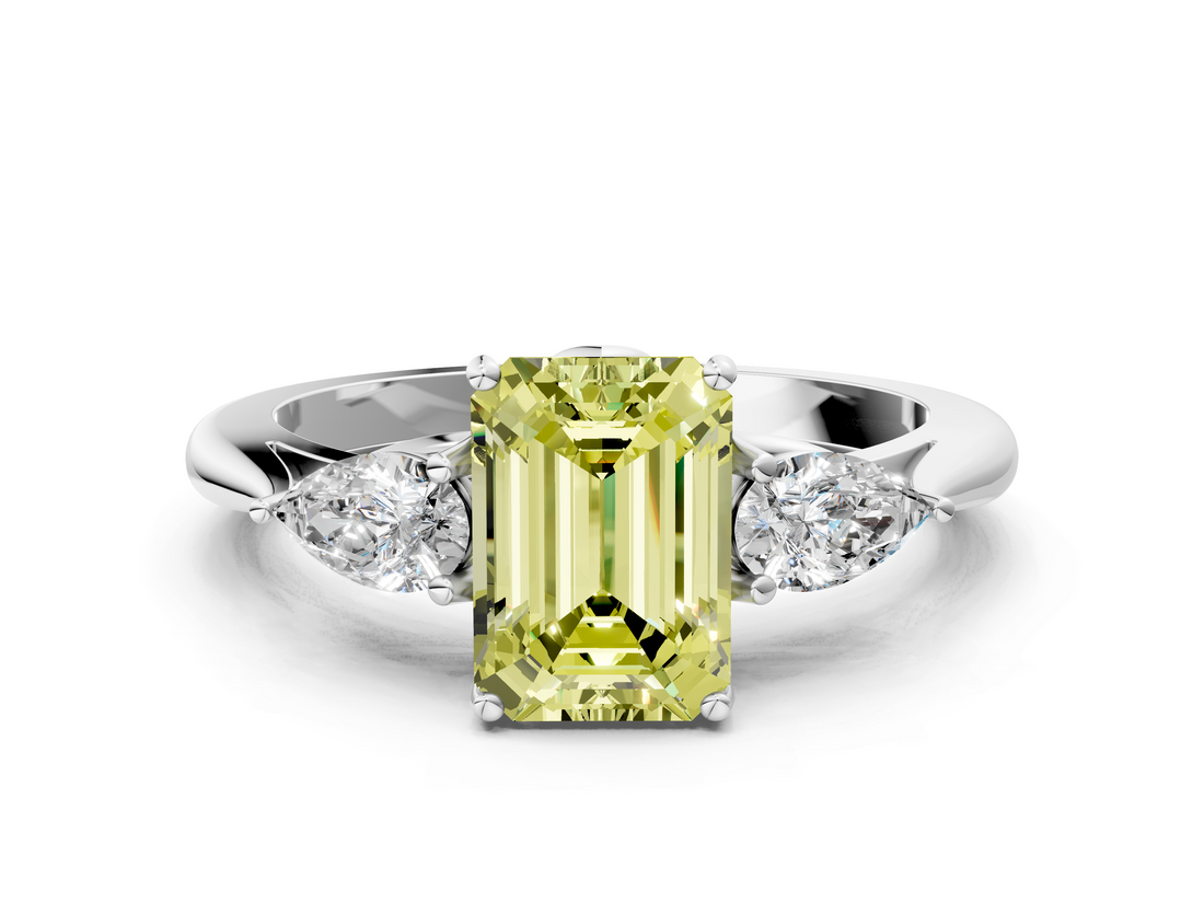 White gold Three-Stone Fancy Yellow Emerald  Cut Diamond Ring with Pear Side Stones in Four-Prong Setting_186