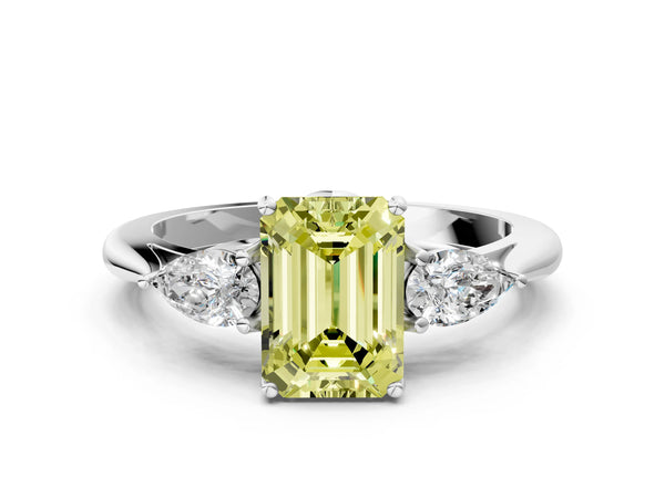 White gold Three-Stone Fancy Yellow Emerald Cut Diamond Ring with Pear  Side Stones in Four-Prong Setting