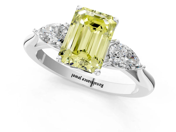 White gold Three-Stone Fancy Yellow Emerald Cut Diamond Ring with Pear  Side Stones in Four-Prong Setting