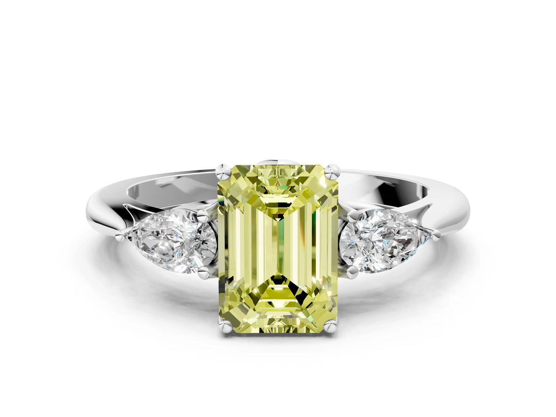 White gold Three-Stone Fancy Yellow Emerald Cut Diamond Ring with Pear  Side Stones in Four-Prong Setting_72