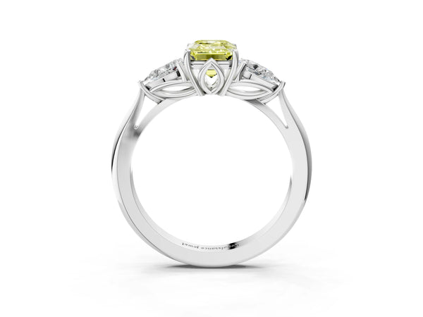 White gold Three-Stone Fancy Yellow Emerald Cut Diamond Ring with Pear  Side Stones in Four-Prong Setting