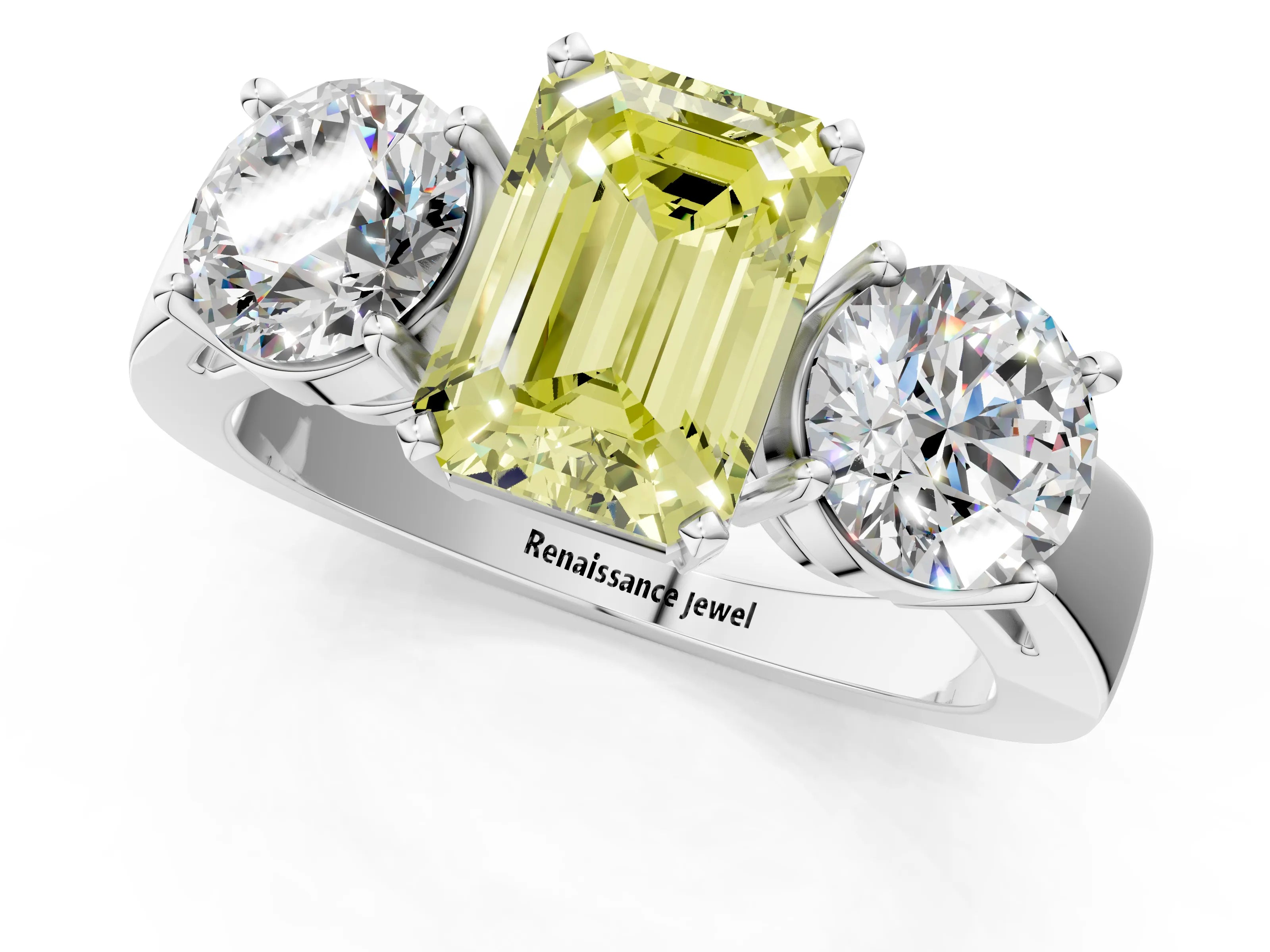 White gold Three-Stone Fancy Yellow Emerald Cut Diamond Ring with Round Side Stones, Classic Band, and Four-Prong Setting_1
