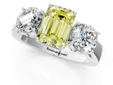 White gold Three-Stone Fancy Yellow Emerald Cut Diamond Ring with Round Side Stones, Classic Band, and Four-Prong Setting_1