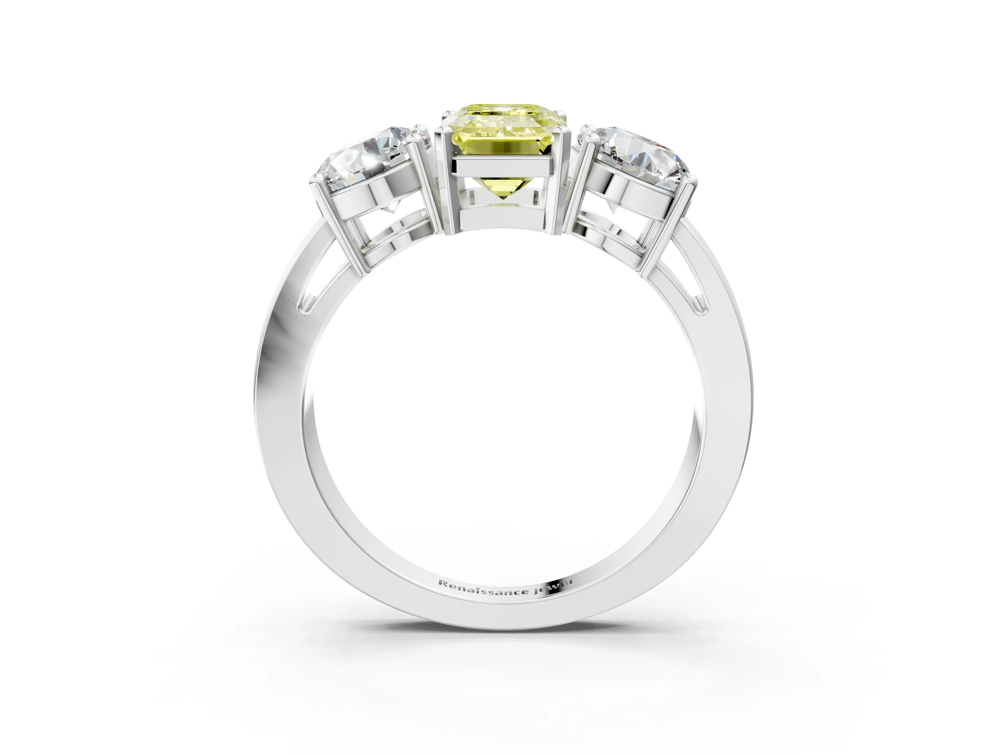 White gold Three-Stone Fancy Yellow Emerald Cut Diamond Ring with Round Side Stones, Classic Band, and Four-Prong Setting_3