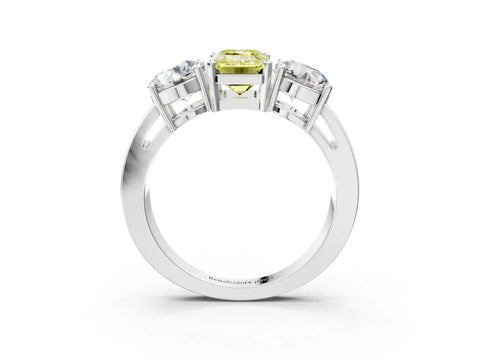 White gold Three-Stone Fancy Yellow Emerald Cut Diamond Ring with Round Side Stones, Classic Band, and Four-Prong Setting_3