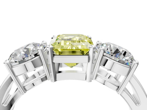 White gold Three-Stone Fancy Yellow Emerald Cut Diamond Ring with Round Side Stones, Classic Band, and Four-Prong Setting_4