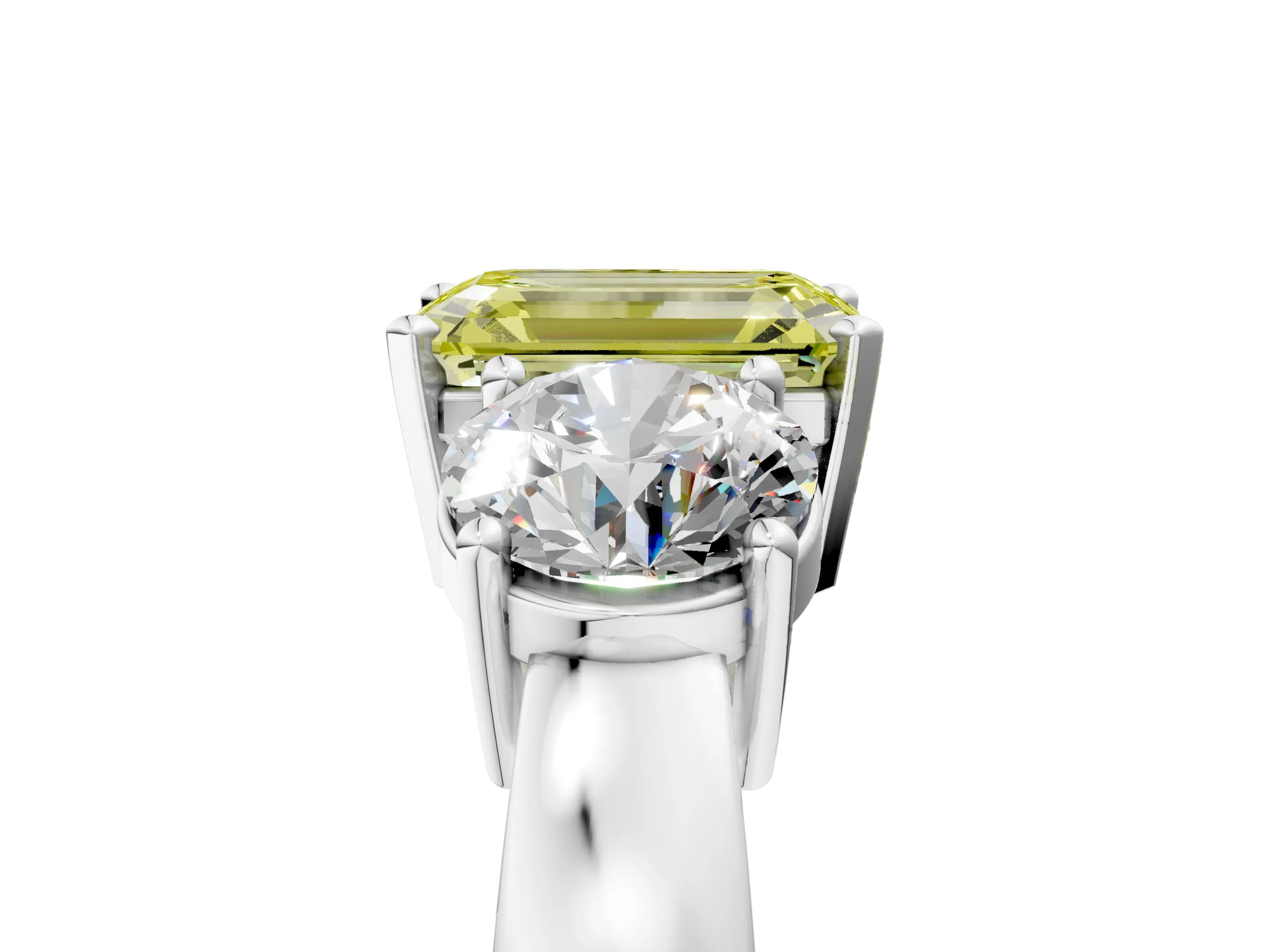 White gold Three-Stone Fancy Yellow Emerald Cut Diamond Ring with Round Side Stones, Classic Band, and Four-Prong Setting_5