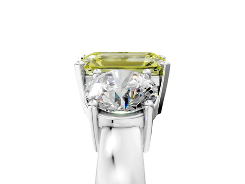 White gold Three-Stone Fancy Yellow Emerald Cut Diamond Ring with Round Side Stones, Classic Band, and Four-Prong Setting_5