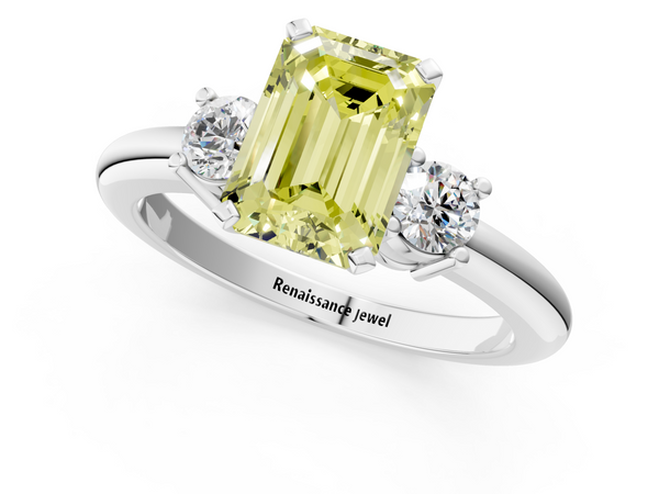 Platinum Three-Stone Fancy Yellow Emerald  Cut Diamond Solitaire with Prong Setting and Classic Band