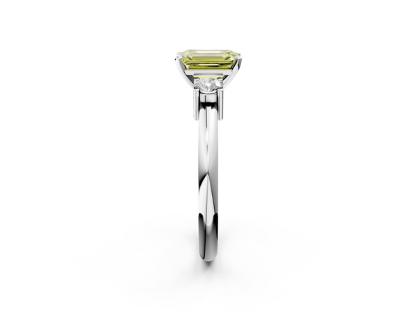 Platinum Three-Stone Fancy Yellow Emerald  Cut Diamond Solitaire with Prong Setting and Classic Band