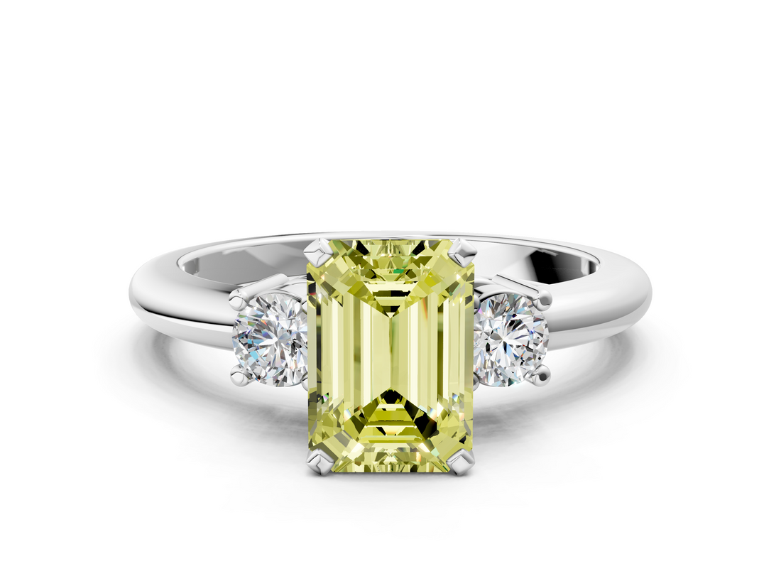White gold Three-Stone Fancy Yellow Emerald  Cut Diamond Solitaire with Prong Setting and Classic Band_47