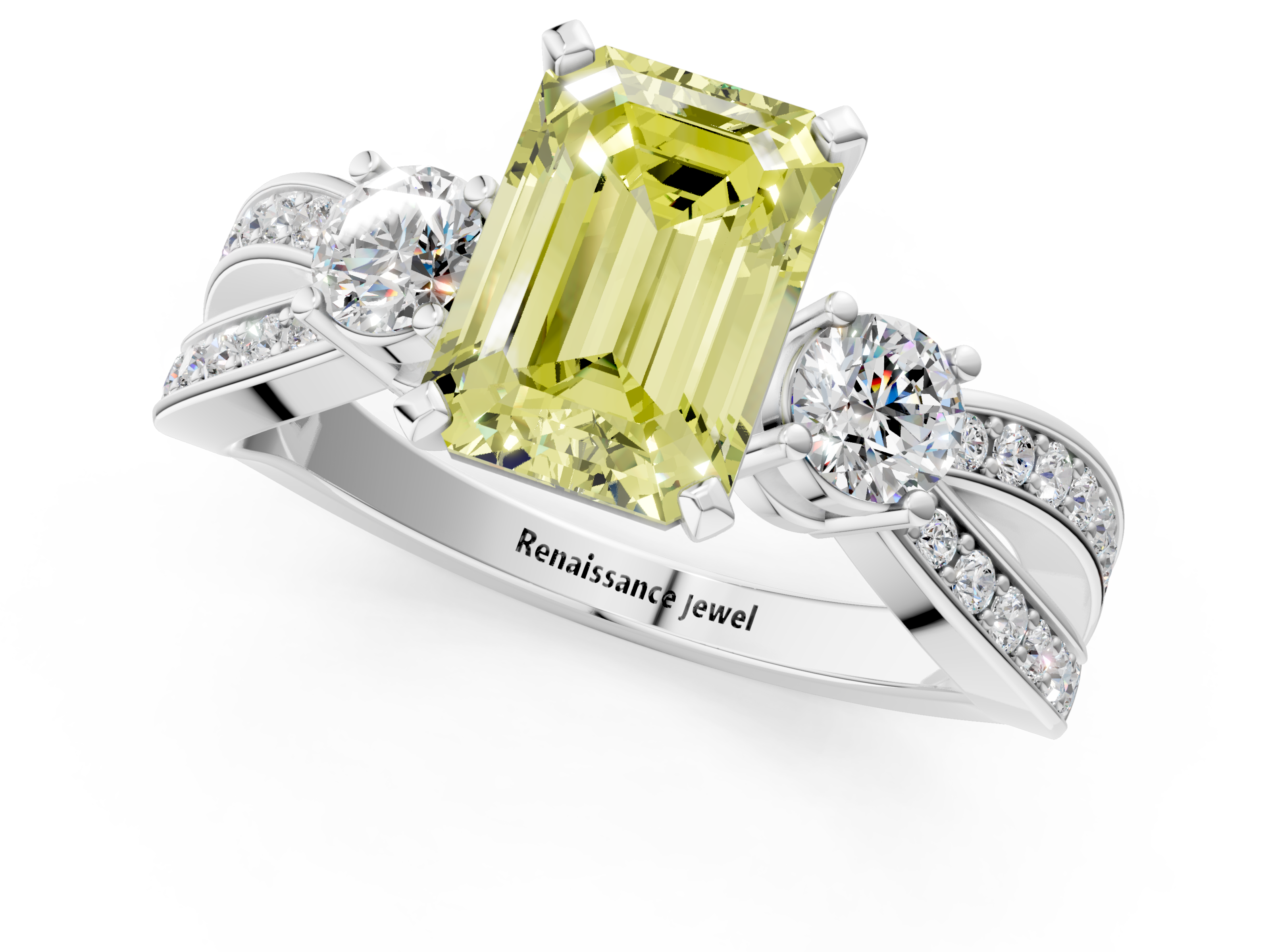 White gold Three-Stone Fancy Yellow Emerald  Cut Diamond Twist Band with Prong Setting_69
