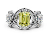 White gold Three-Stone Fancy Yellow Emerald Cut Diamond Wave Pave Band with Prong Setting