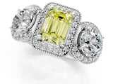 White gold Three-Stone Fancy Yellow Emerald Cut Halo Diamond Milgrain Band with Four-Prong Setting_1