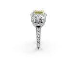 White gold Three-Stone Fancy Yellow Emerald Cut Halo Diamond Milgrain Band with Four-Prong Setting_2