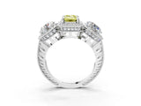 White gold Three-Stone Fancy Yellow Emerald Cut Halo Diamond Milgrain Band with Four-Prong Setting_3