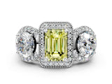 White gold Three-Stone Fancy Yellow Emerald Cut Halo Diamond Milgrain Band with Four-Prong Setting