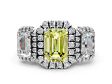 White gold Three-Stone Fancy Yellow Emerald Cut Halo Diamond Ring with Pave Band and Four-Prong Setting