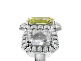 White gold Three-Stone Fancy Yellow Emerald Cut Halo Diamond Ring with Pave Band and Four-Prong Setting_5