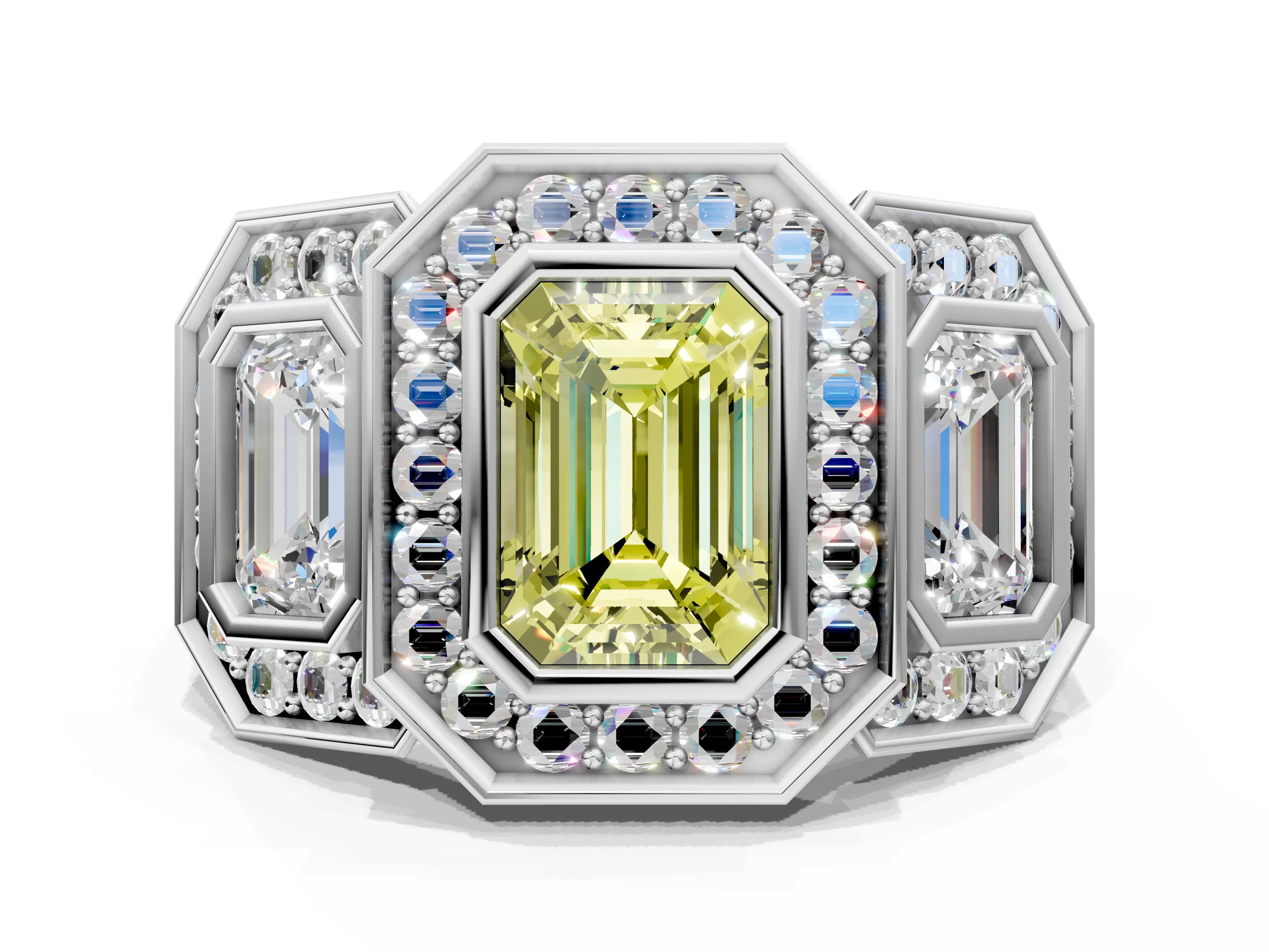 White gold Three-Stone Fancy Yellow Emerald Cut Halo Pavé Diamond Ring