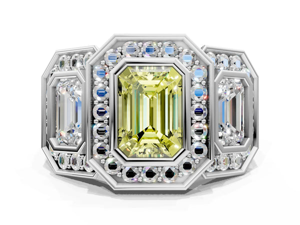 Platinum Three-Stone Fancy Yellow Emerald Cut Halo Pavé Diamond Ring