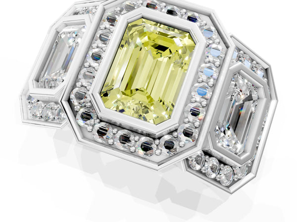Platinum Three-Stone Fancy Yellow Emerald Cut Halo Pavé Diamond Ring