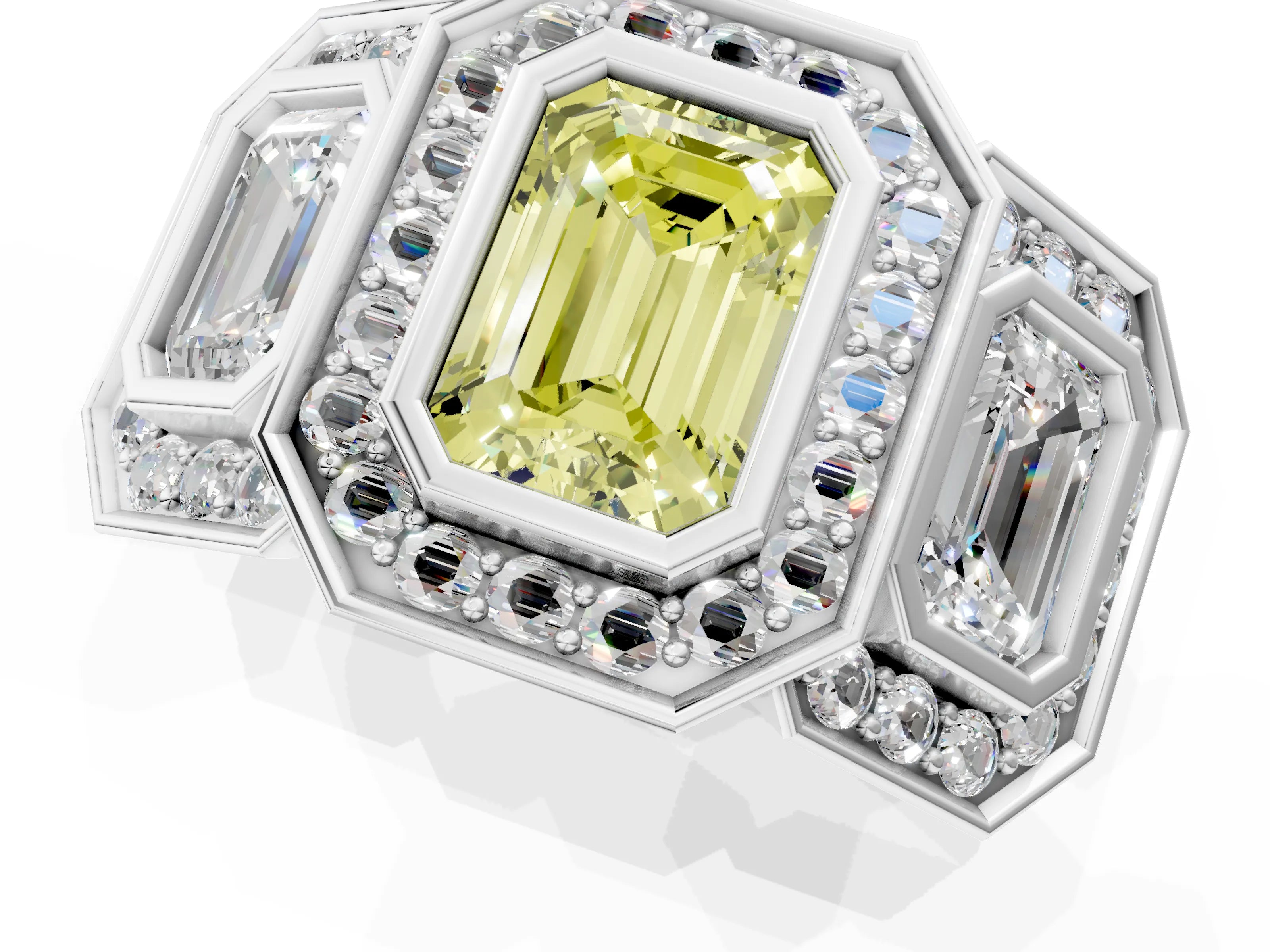 White gold Three-Stone Fancy Yellow Emerald Cut Halo Pavé Diamond Ring_1