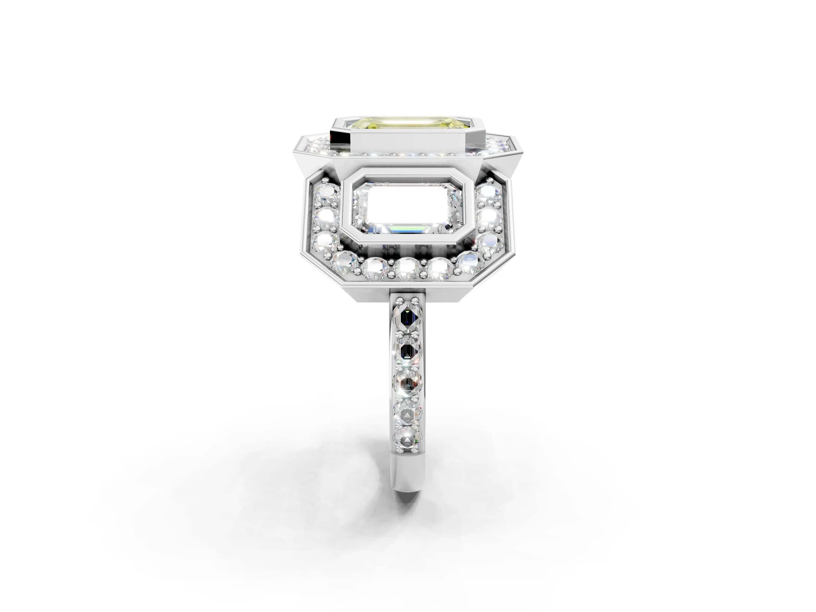 White gold Three-Stone Fancy Yellow Emerald Cut Halo Pavé Diamond Ring_2