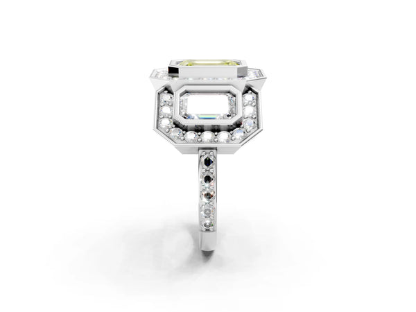 Platinum Three-Stone Fancy Yellow Emerald Cut Halo Pavé Diamond Ring