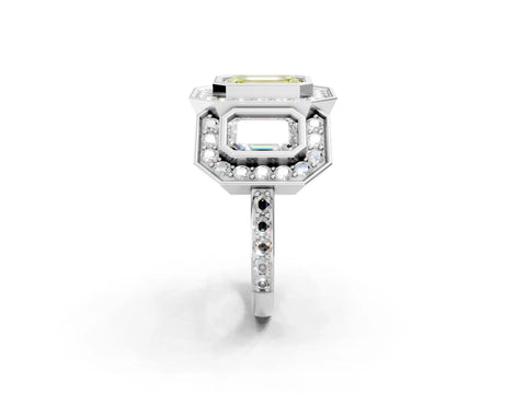 White gold Three-Stone Fancy Yellow Emerald Cut Halo Pavé Diamond Ring_2