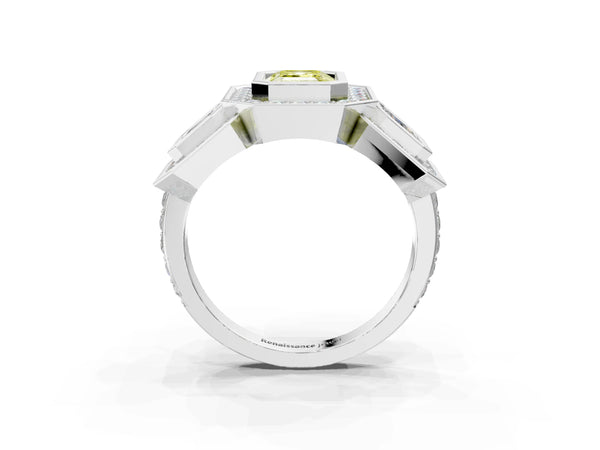 Platinum Three-Stone Fancy Yellow Emerald Cut Halo Pavé Diamond Ring