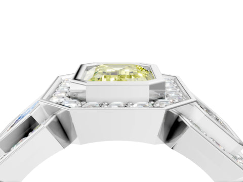 White gold Three-Stone Fancy Yellow Emerald Cut Halo Pavé Diamond Ring_4