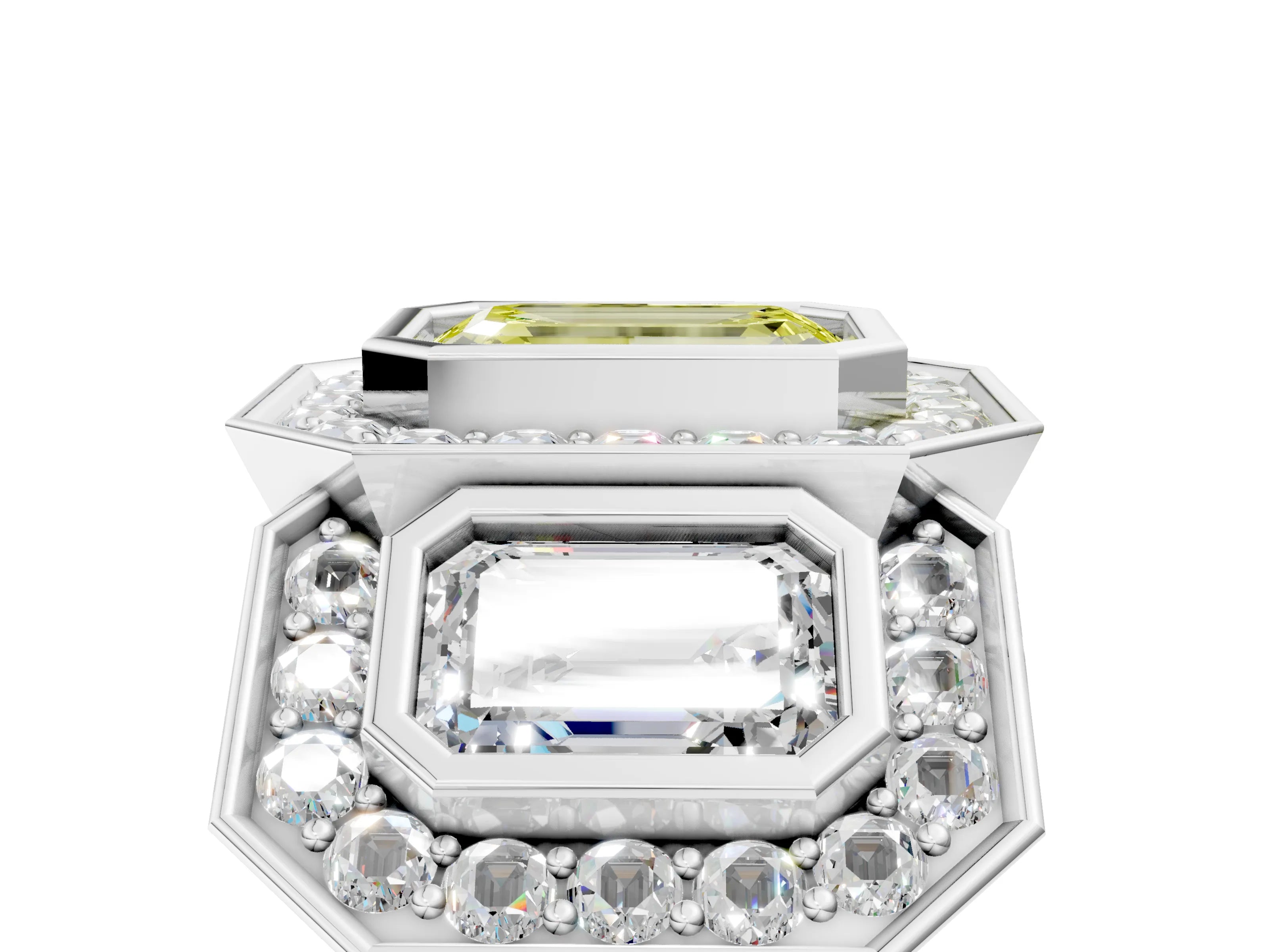 White gold Three-Stone Fancy Yellow Emerald Cut Halo Pavé Diamond Ring_5