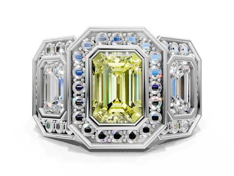 White gold Three-Stone Fancy Yellow Emerald Cut Halo Pavé Diamond Ring