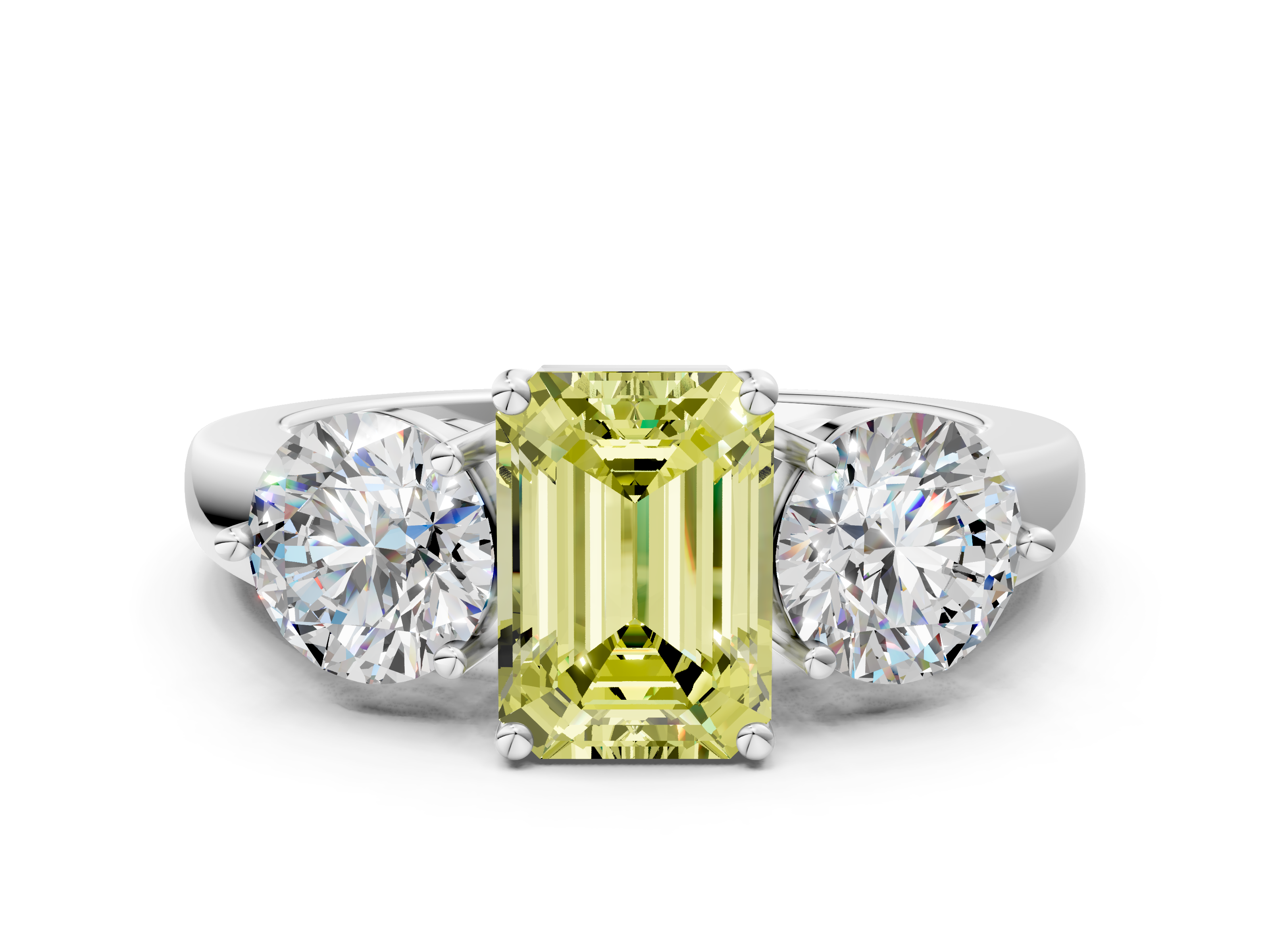 White gold Three-Stone Fancy Yellow Emerald  Cut Solitaire Ring with Prong Setting on a Classic Band_60