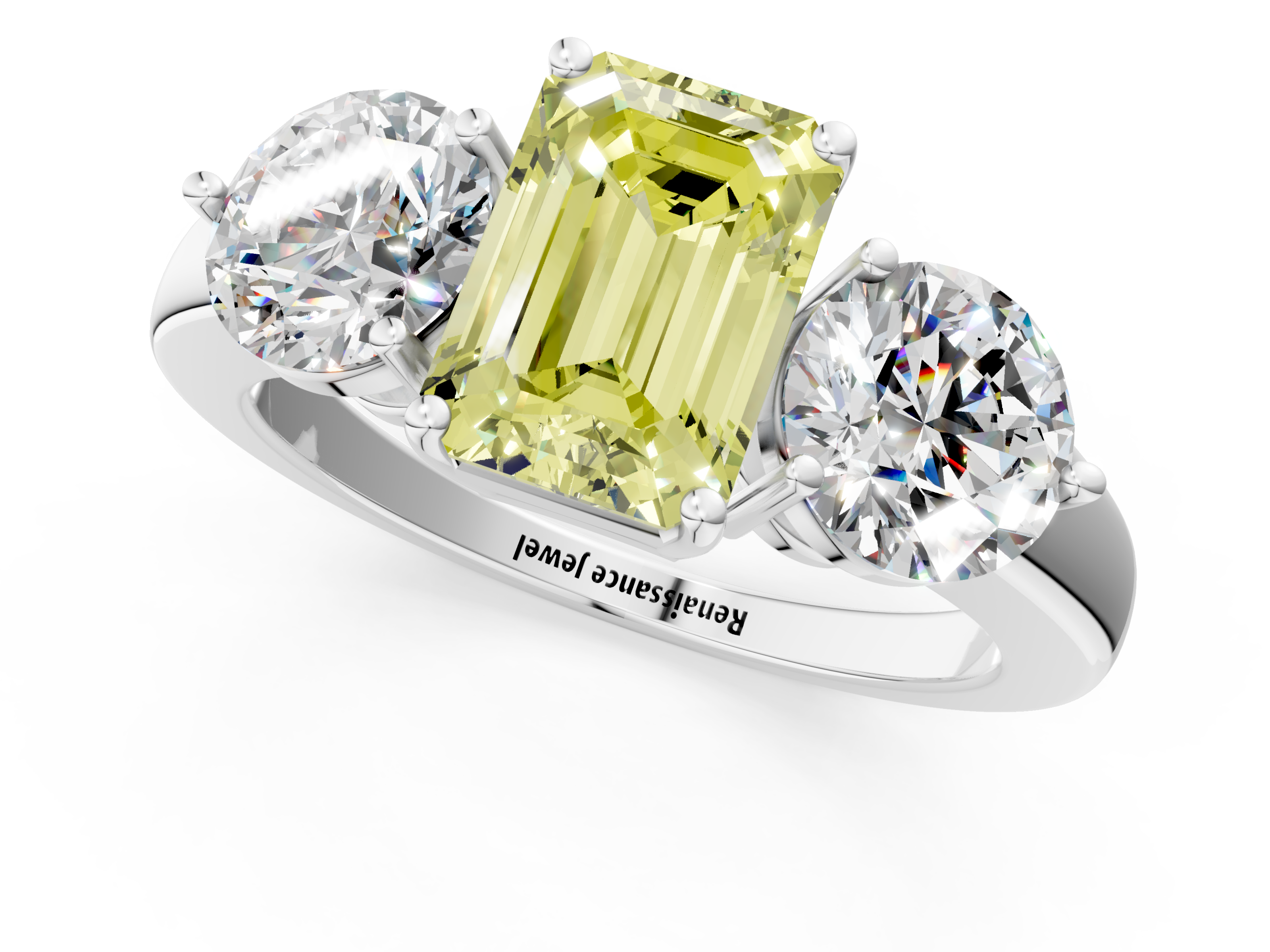 White gold Three-Stone Fancy Yellow Emerald  Cut Solitaire Ring with Prong Setting on a Classic Band_61