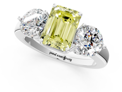 White gold Three-Stone Fancy Yellow Emerald  Cut Solitaire Ring with Prong Setting on a Classic Band_61