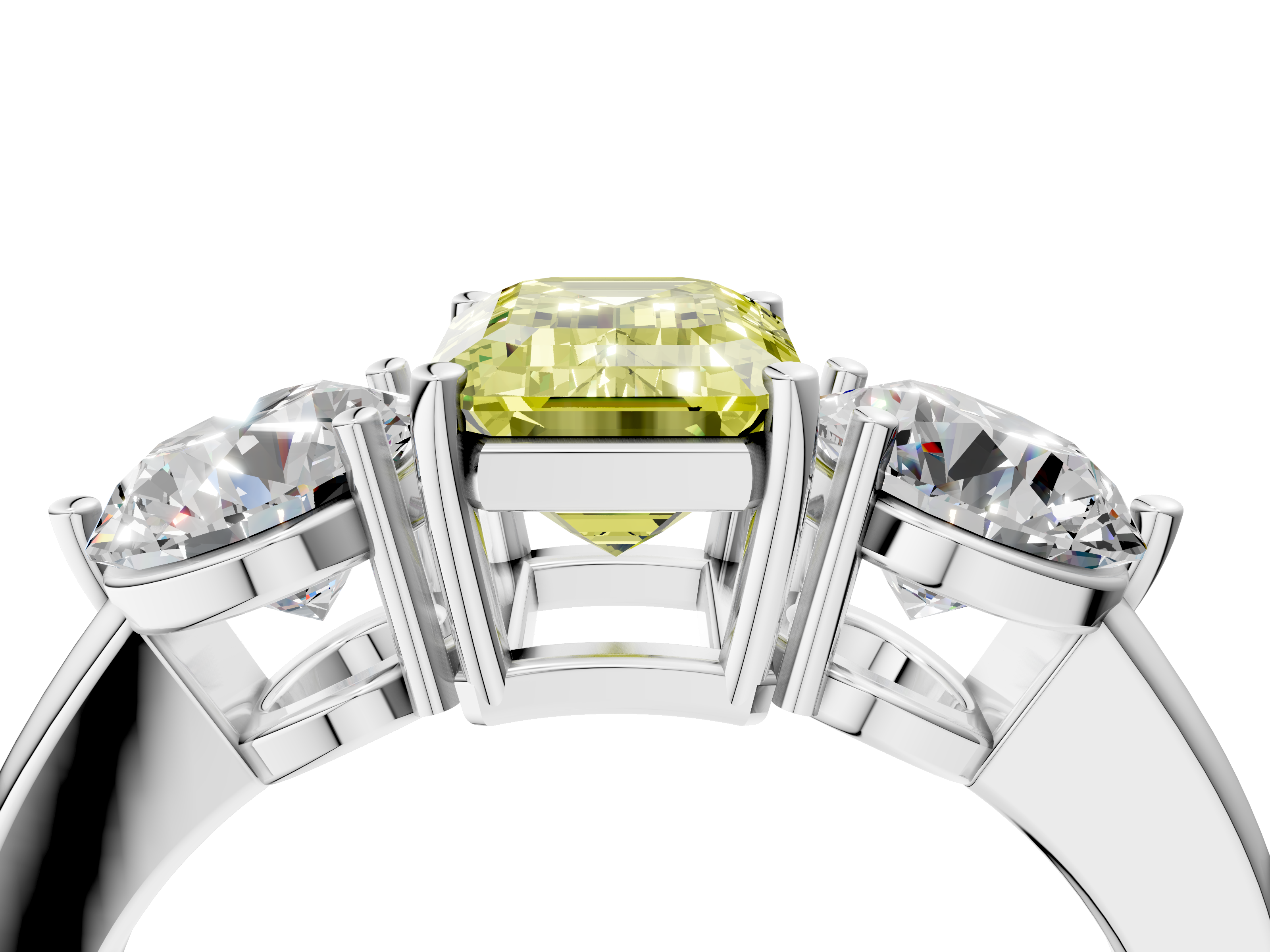 White gold Three-Stone Fancy Yellow Emerald  Cut Solitaire Ring with Prong Setting on a Classic Band_64