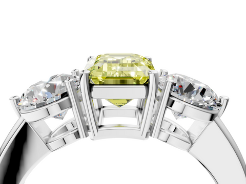 White gold Three-Stone Fancy Yellow Emerald  Cut Solitaire Ring with Prong Setting on a Classic Band_64