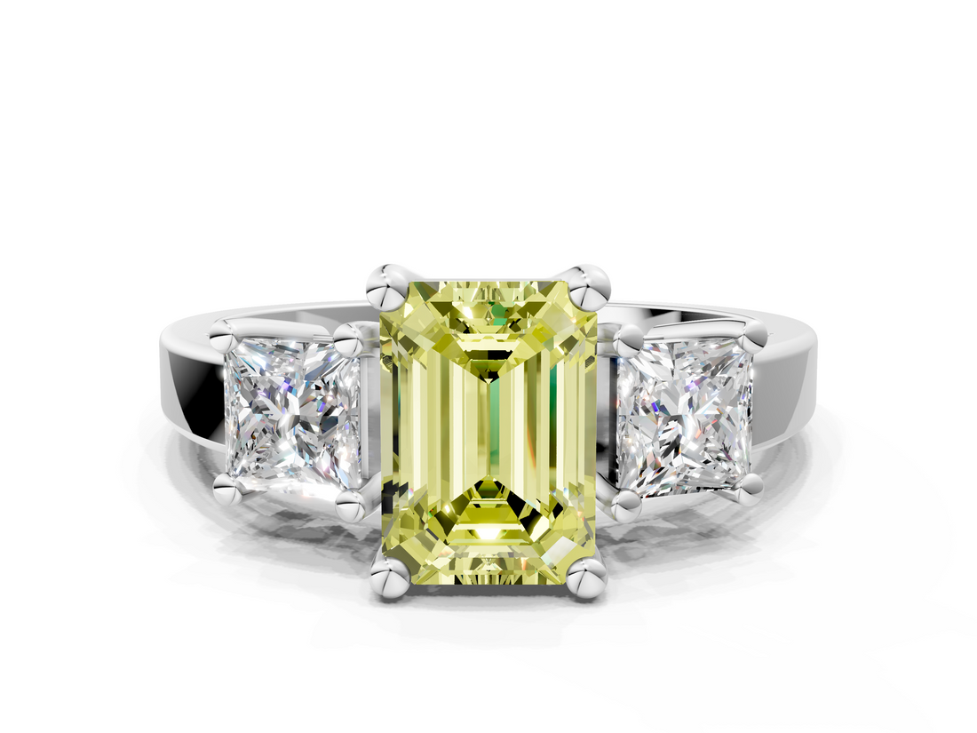 White gold Three-Stone Fancy Yellow Emerald  Cut Solitaire Ring with Prong Setting_3