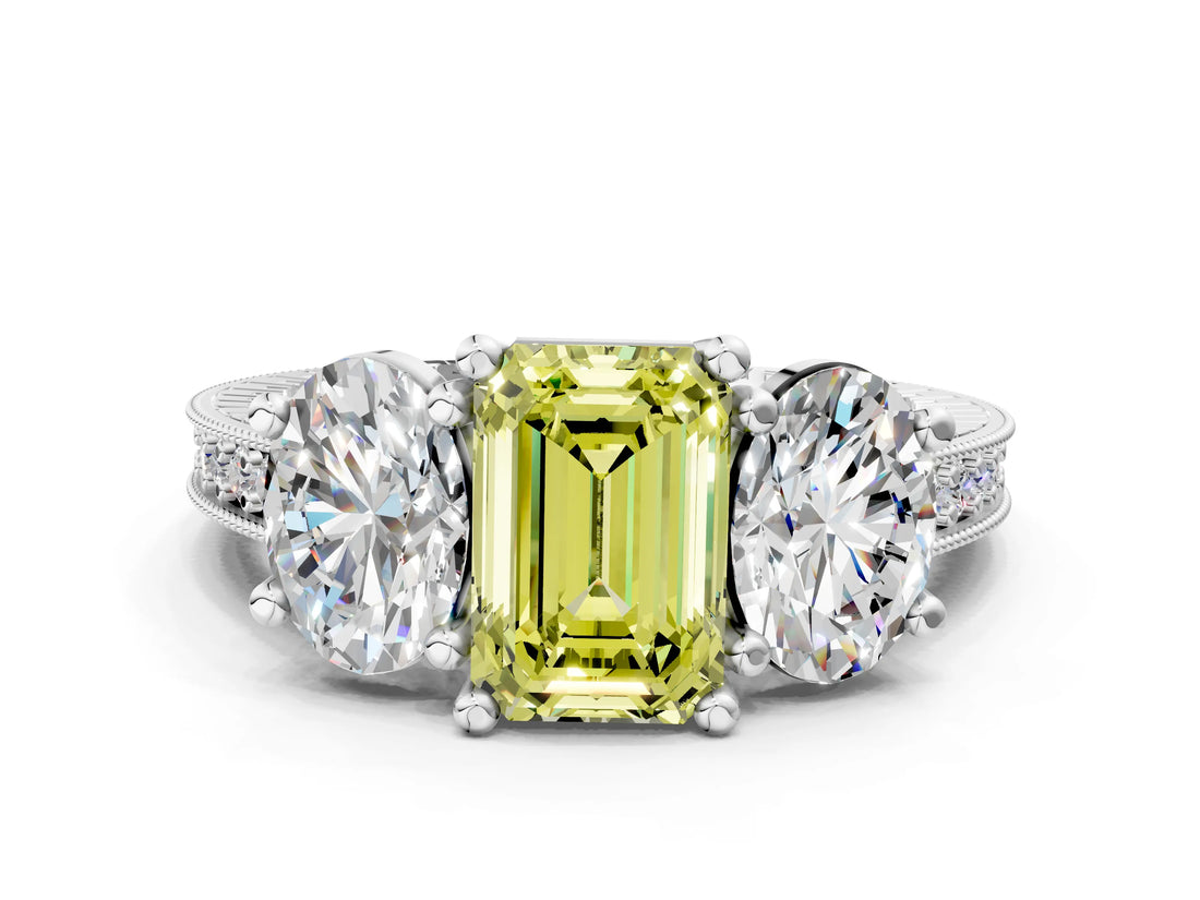 White gold Three-Stone Fancy Yellow Emerald  Diamond Milgrain Pave Band with Prong Setting