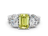White gold Three-Stone Fancy Yellow Emerald  Diamond Milgrain Pave Band with Prong Setting