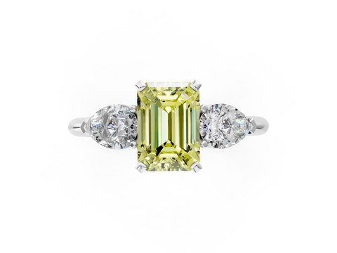 White gold Three-Stone Fancy Yellow Emerald  Diamond Ring with Pear Side Stones in Four-Prong Setting_23