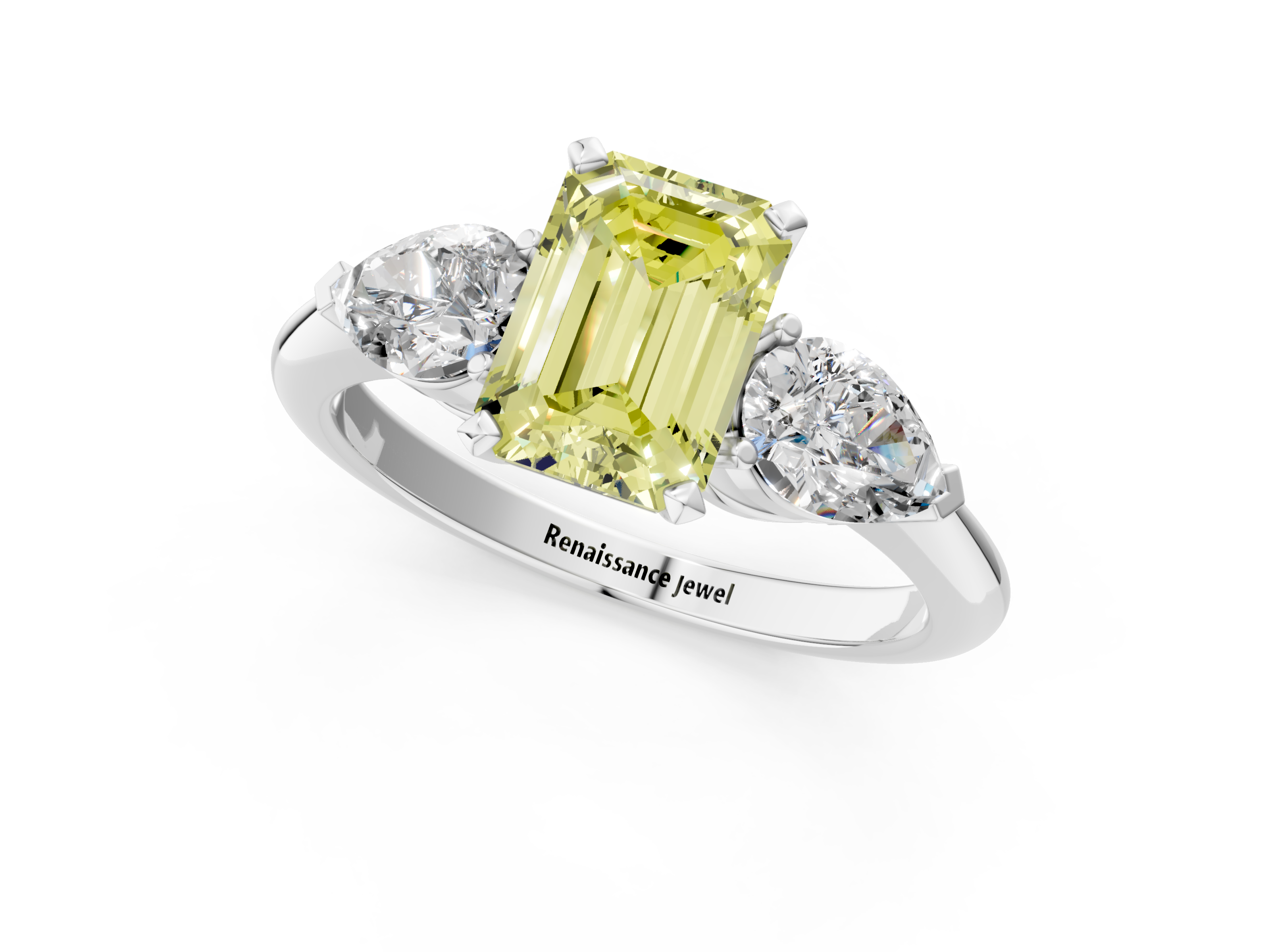 White gold Three-Stone Fancy Yellow Emerald  Diamond Ring with Pear Side Stones in Four-Prong Setting_24