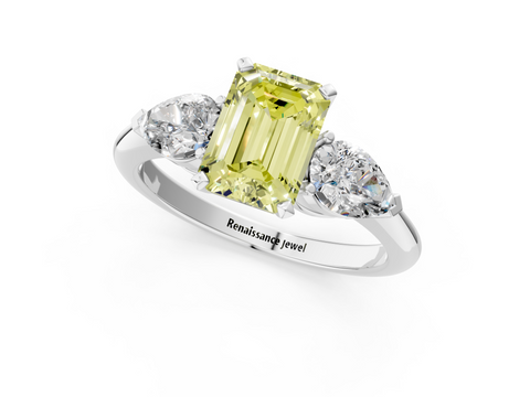 White gold Three-Stone Fancy Yellow Emerald  Diamond Ring with Pear Side Stones in Four-Prong Setting_24