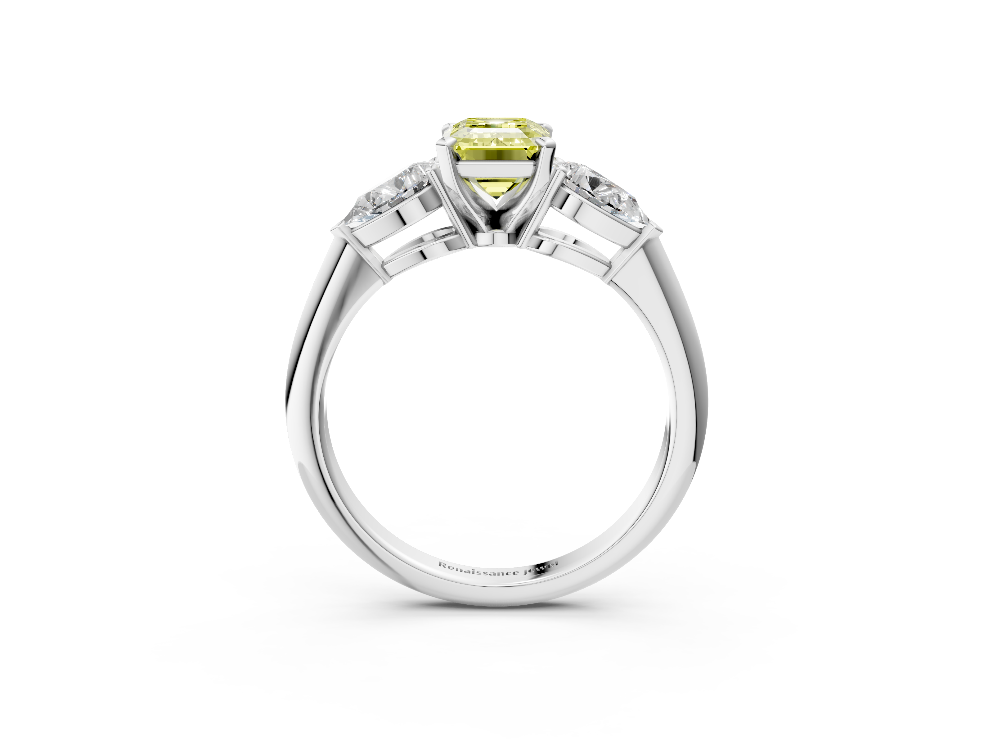 White gold Three-Stone Fancy Yellow Emerald  Diamond Ring with Pear Side Stones in Four-Prong Setting_26