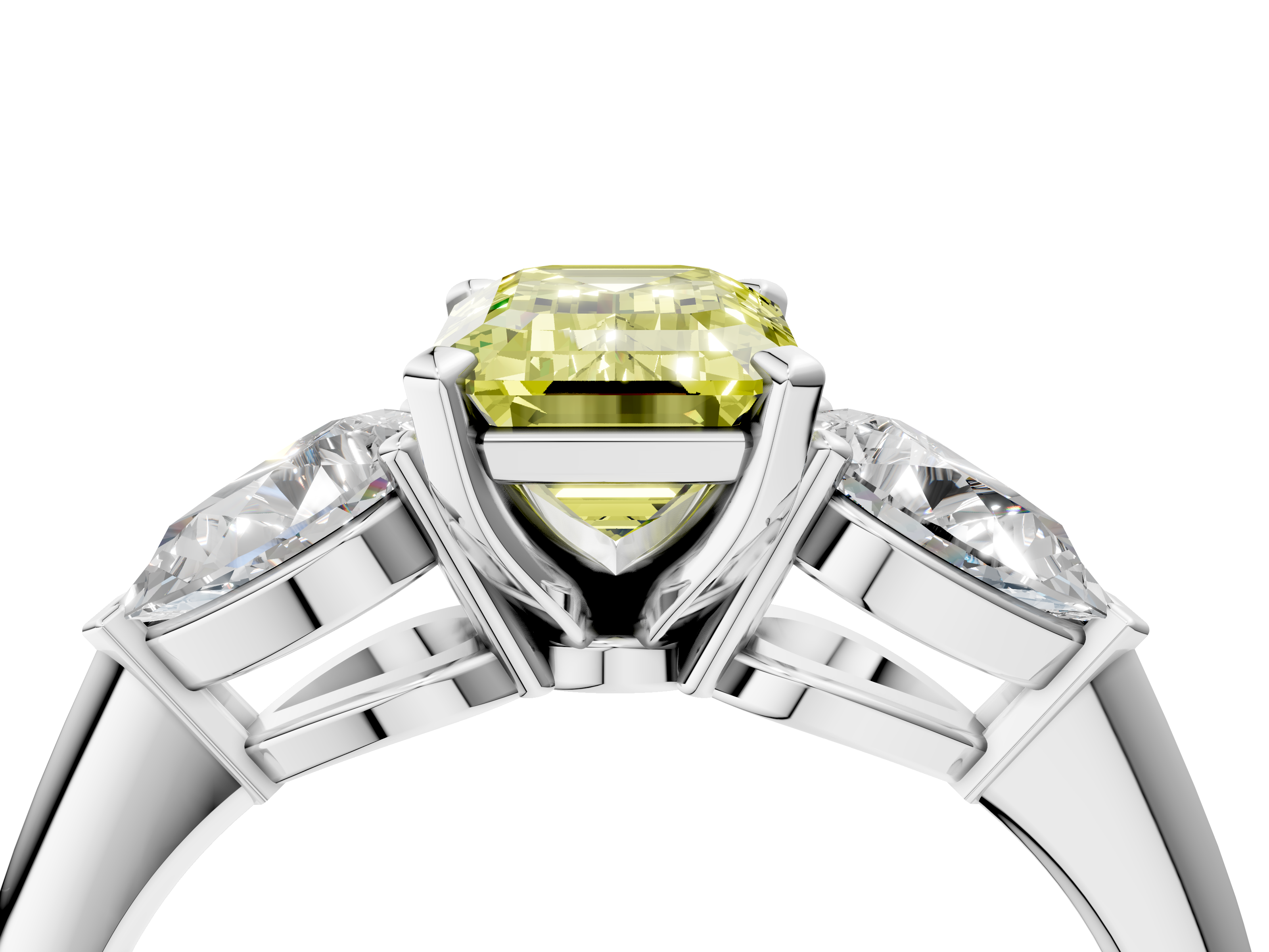 White gold Three-Stone Fancy Yellow Emerald  Diamond Ring with Pear Side Stones in Four-Prong Setting_27